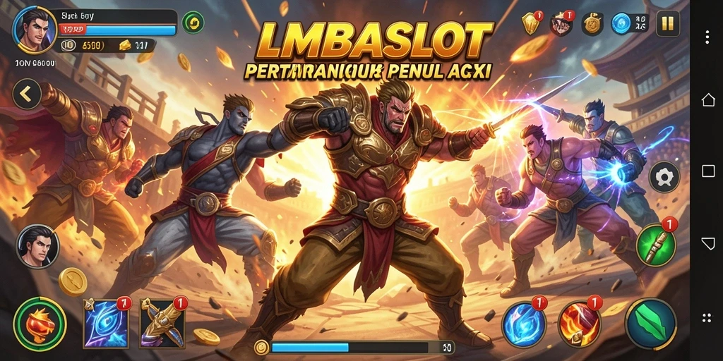 Screenshot gameplay LMBASLOT menampilkan karakter bertarung di arena yang dinamis.