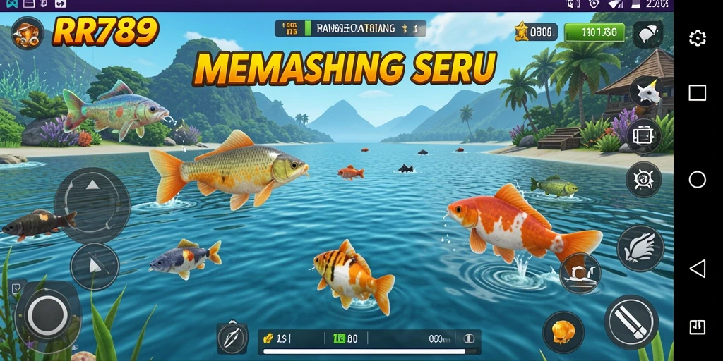 Screenshot RR789 menunjukkan gameplay seru memancing ikan di laut.