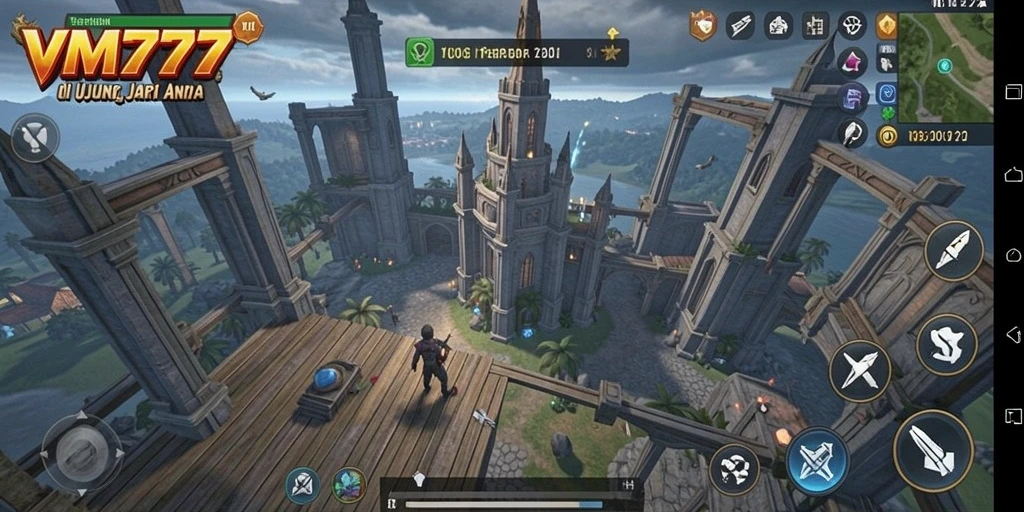 Tangkapan layar utama VM777 dengan aksi gameplay Tower Defense yang mendebarkan.